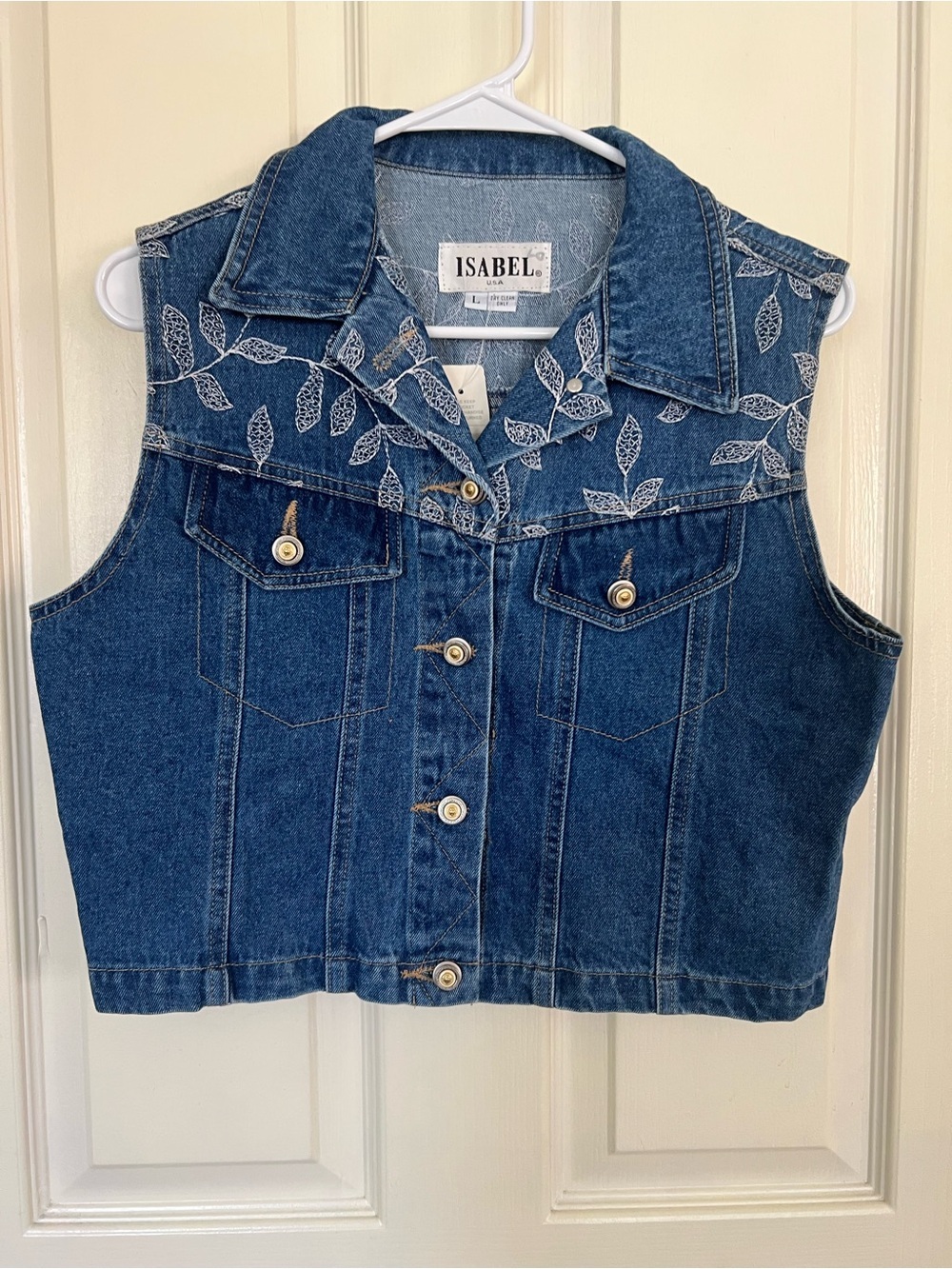 Isabel USA Embroidered Leaf Denim Vest Blue Jean Button Front Size Large